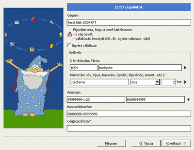 Első indítás varázsló: Cégadatok megadása